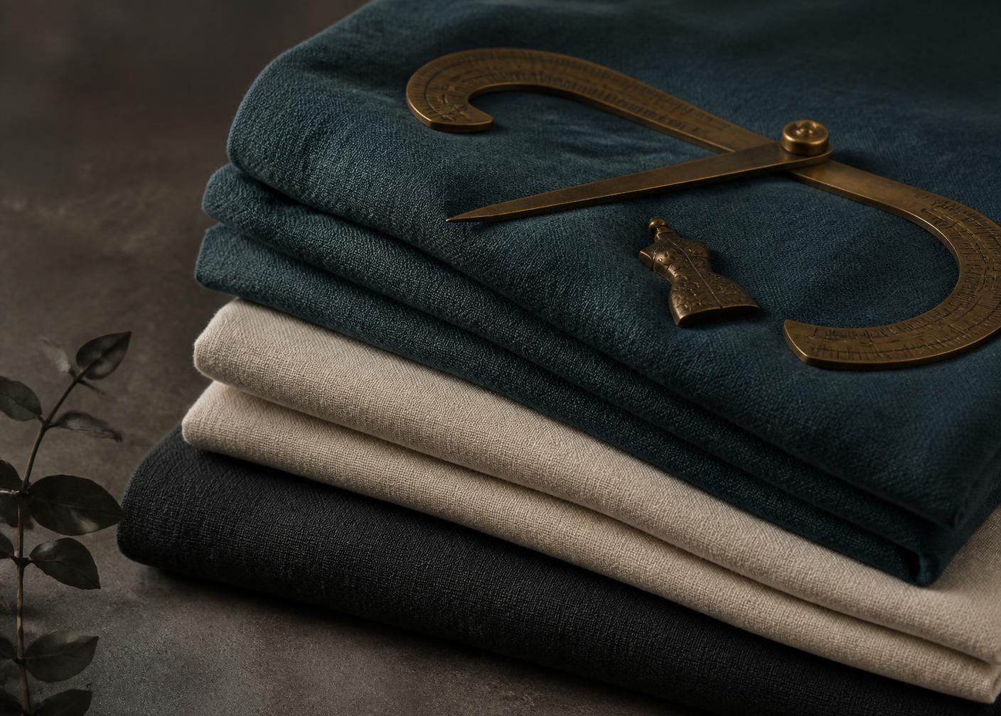 Étoffes pliées et outils de couture en bronze sur un plan de travail mat